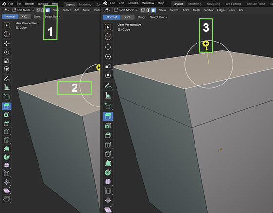 Изображение показывает работу с участками для выдавливания