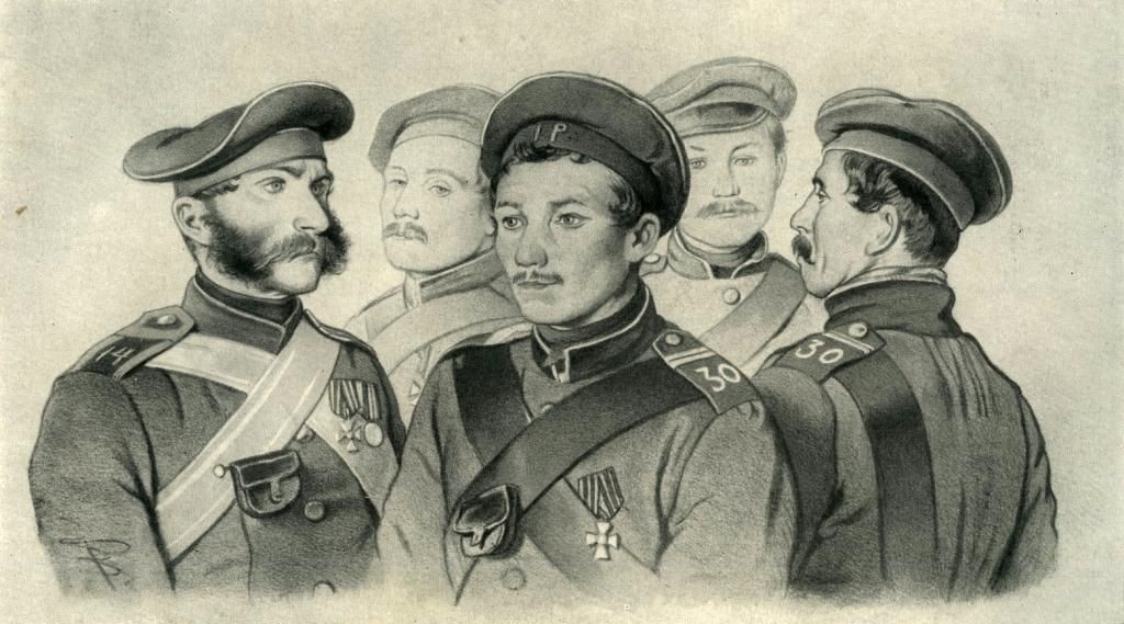 В.Ф. Тимм. Севастопольские матросы. Литография. 1855 г. Рисунок с натуры (слева направо: Афанасий Елисеев, Аксений Рыбаков, Петр Кошка, Иван Димченко и Федор Заика)