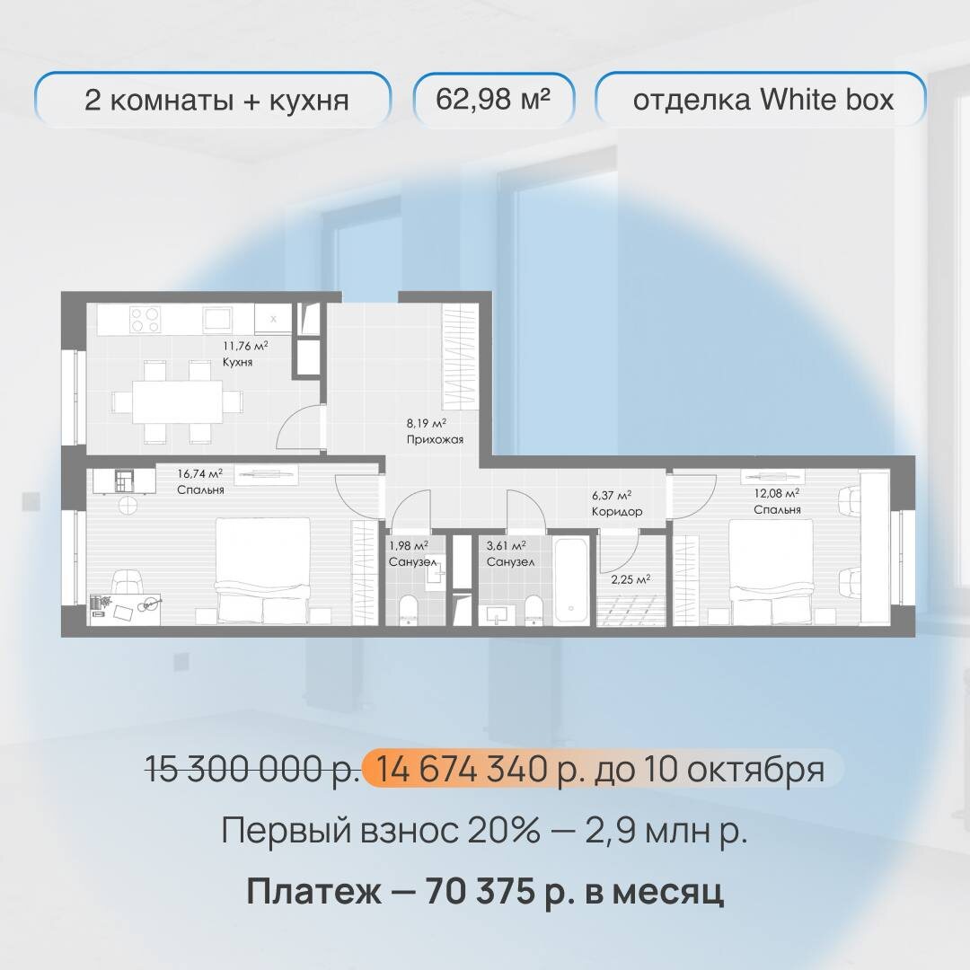 Забирайте семейную 2-комнатную квартиру с отделкой за 70 375 р. в месяц — агентство недвижимости «Простор»