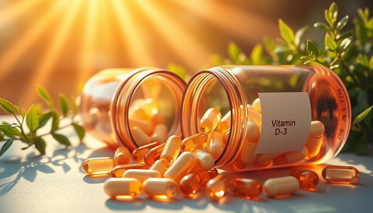 Яркое, стилизованное изображение капсул витамина D-3, высыпающихся из элегантной стеклянной бутылки, окруженной солнечными лучами и цветущей зеленью, подчеркивающей здоровье и жизненную силу. Включает мягкие, теплые цвета и эффект свечения, символизирующий энергию и естественное благополучие.