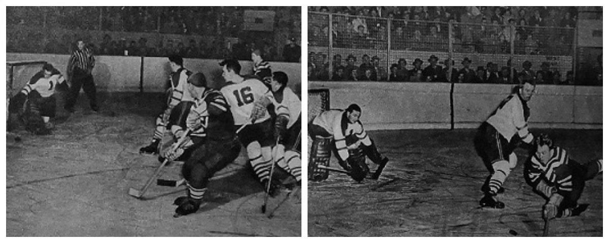 01.12.1957. Сборная Москвы – «Халл-Оттава Канадиенс» - 6:3. Ворота Брюса Гэмбла атакуют Алексей Гурышев (слева) и Николай Сологубов (справа). Коллаж автора. Фото взяты из открытого источника Яндекс.Картинки