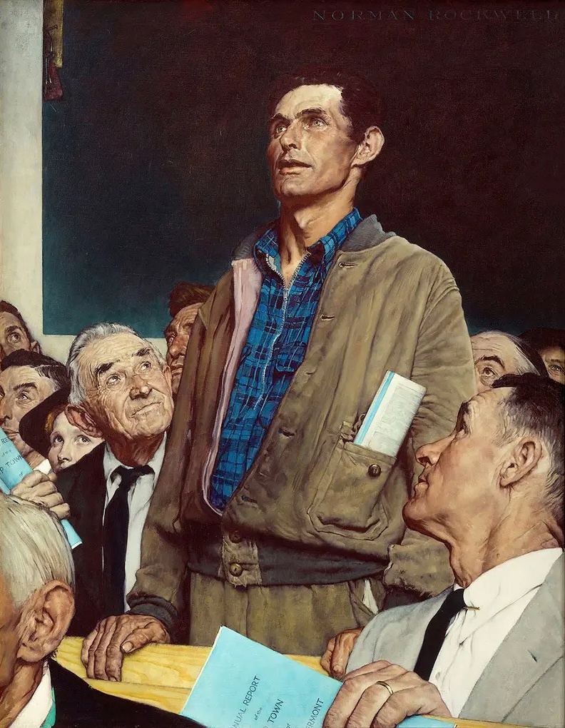Норман Роквелл. «Четыре свободы. Свобода слова» (1943). Холст, масло. 116×90 см. Музей Нормана Роквелла, Стокбридж, Массачусетс, США.