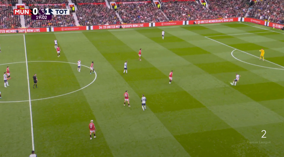  В этом моменте МЮ пытается прессинговать, но учитывая  широкое расположение Шпор у них достаточно времени, чтобы среагировать и найти правильный выход из обороны. Прессинг практически всегда опаздывал.