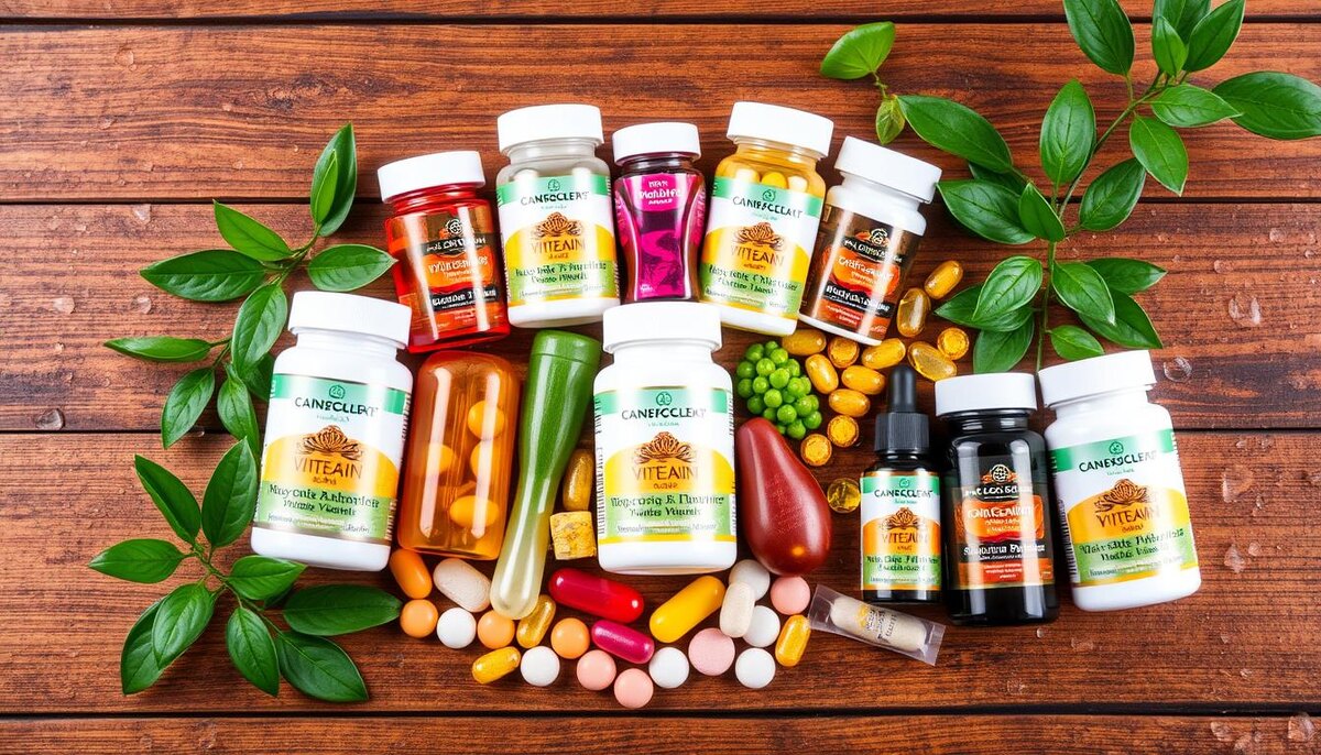 «Множество разноцветных витаминов и добавок для волос, художественно разложенных на деревянной поверхности, окруженных сочными зелеными растениями и сверкающими каплями воды, передают ощущение жизненной силы и здоровья волос».