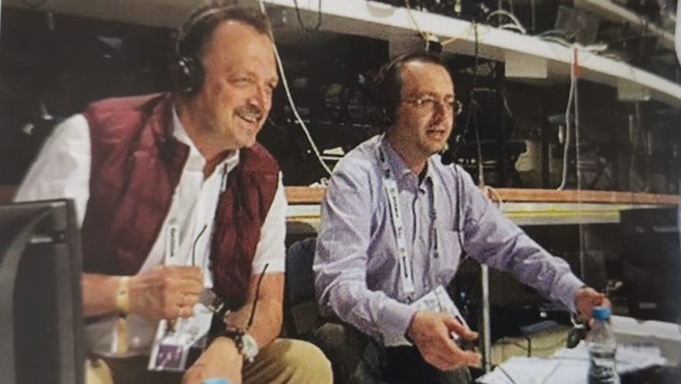    Андрей Голованов (справа) и Виктор Гусев на ЧМ-2014 по хоккею в Минске.