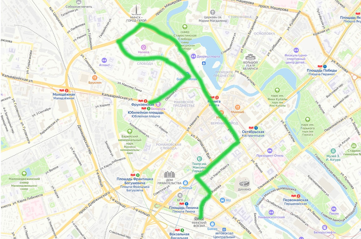 Полное расстояние маршрута от вокзала до метро, где вы сядете на поезд опять до вокзала — около пяти километров.