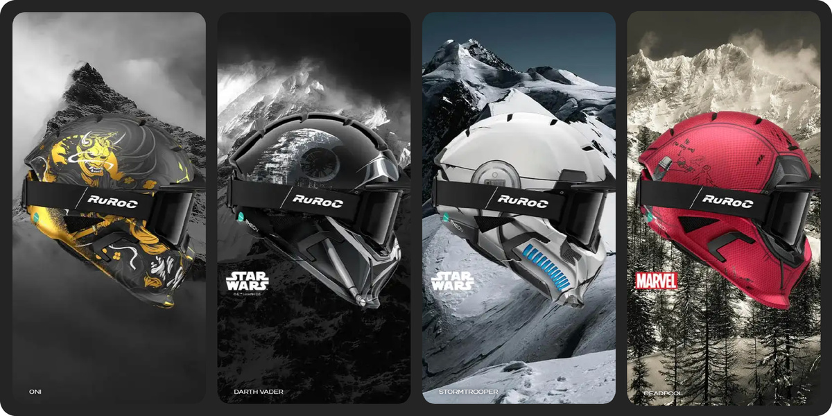 Фото горнолыжных шлемов Ruroc RG2 слева-направо: Core, Ghost, Astros, Oni, Stormtrooper, Darth Vader, Deadpool.