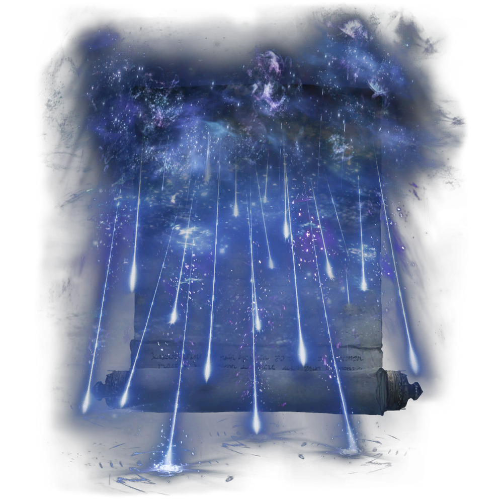 Старейшая первозданная магия. Легендарные чары, которые открыл один древний астролог.
Призовите тёмное облако звёзд, а затем обрушьте на головы врагов неистовый звёздный ливень. Можно применять находясь в движении. Накопление заряда повышает мощь чар.
Считается первым заклинанием блестящих камней. Эфемерный первозданный поток внезапно стал явью, и на землю посыпался звёздный янтарь.