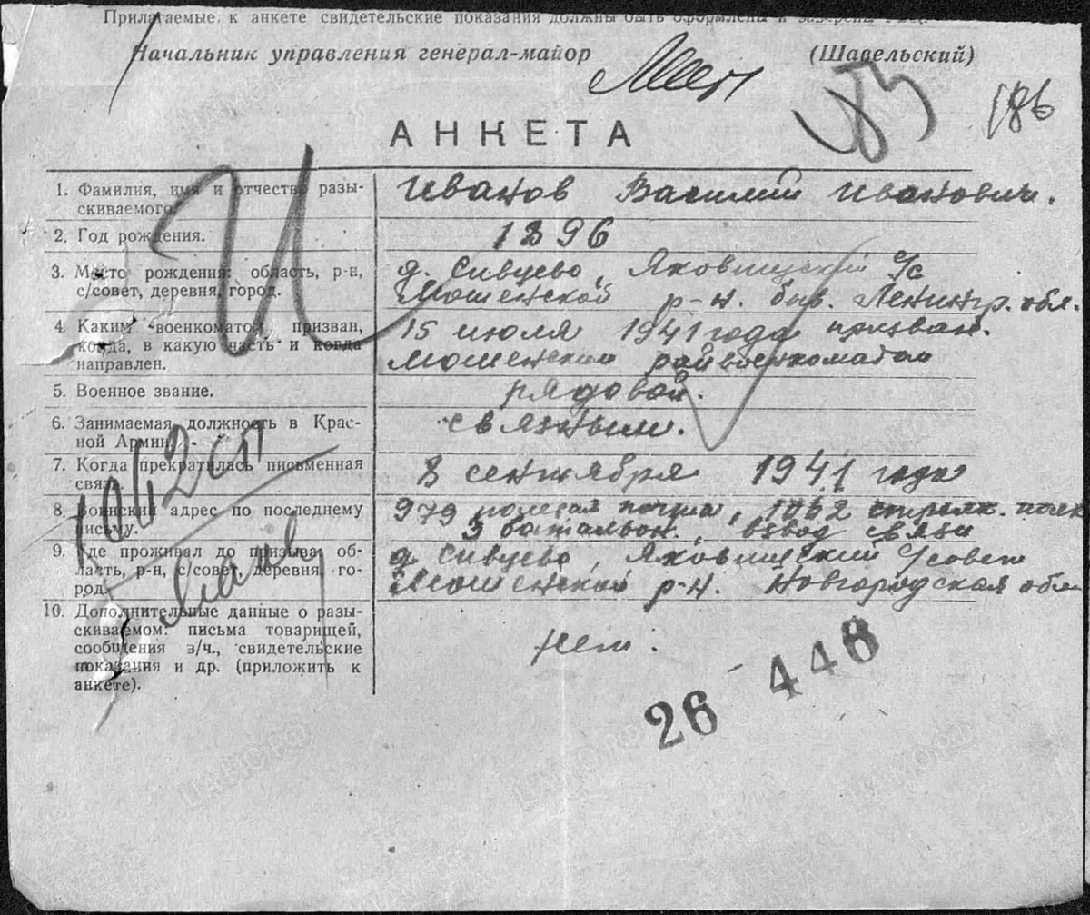 Запрос на установление судьбы Иванова Василия Ивановича от его дочери Веры