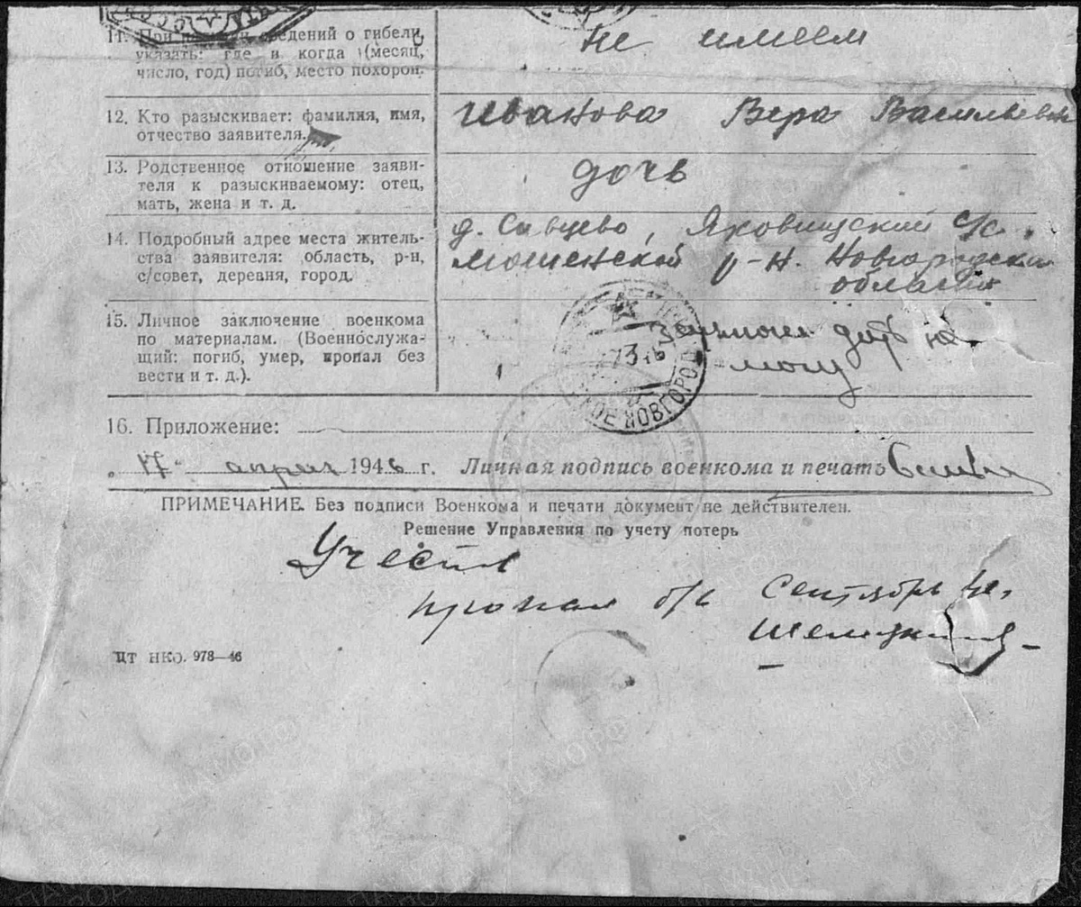 Запрос на установление судьбы Иванова Василия Ивановича от его дочери Веры