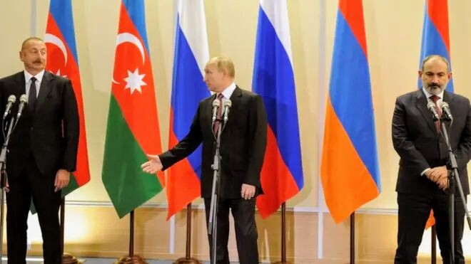 Президенты России и Азербайджана и премьер министр Армении, Москва 2021 года.