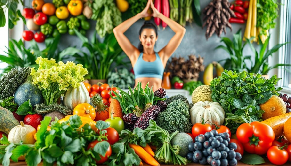 Яркая и пышная сцена, изображающая разнообразные красочные фрукты, овощи и травы, гармонично расположенные, символизирующие необходимые питательные вещества и жизненную силу, с мягким светом, подчеркивающим их свежесть; на заднем плане женщина, практикующая йогу, олицетворяющая силу и благополучие, в окружении щедрот природы.