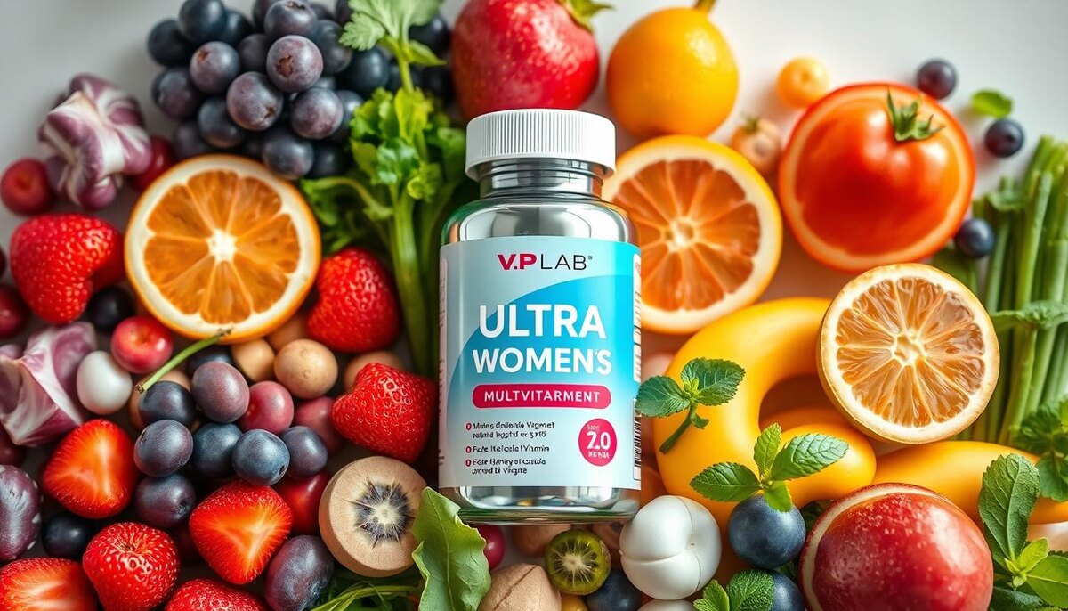 Яркая и красочная композиция из различных витаминов и минералов, демонстрирующая элегантный флакончик VPLab Ultra Women's Multivitamin, расположенный в центре, в окружении свежих фруктов и зелени, излучающий ощущение здоровья и жизненной силы, с мягким естественным освещением, подчеркивающим богатство цветов. 