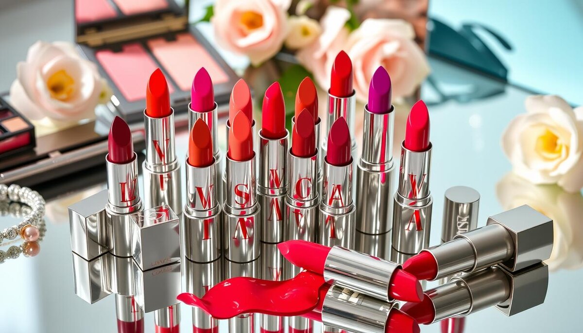 Яркие тюбики губной помады LUXVISAGE художественно расположены на отражающей поверхности, демонстрируя спектр насыщенных цветов, мягкое освещение подчеркивает глянцевую отделку, окруженную элегантными аксессуарами для макияжа и тонкими цветочными акцентами.