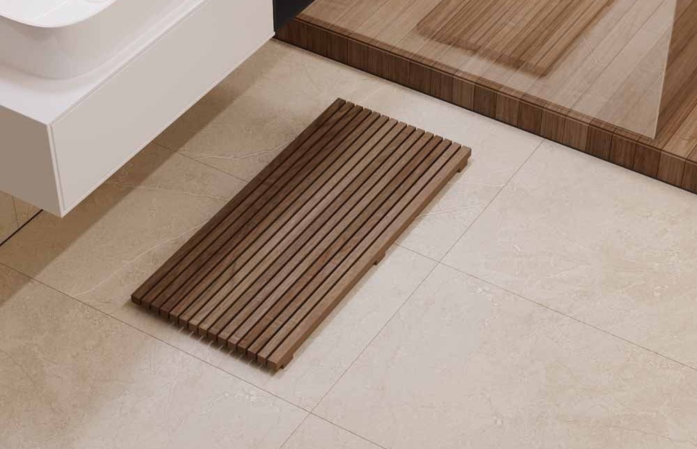 Керамогранитное покрытие Marmulla песочного оттенка в интерьере ванной комнаты