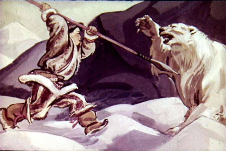 Отец Киша был отважным охотником и встретил смерть в голодную годину, когда хотел отнять жизнь у большого полярного медведя, чтобы даровать жизнь своим соплеменникам. Один на один он схватился с медведем, и тот переломал ему все кости; но на медведе было много мяса, и это спасло народ.