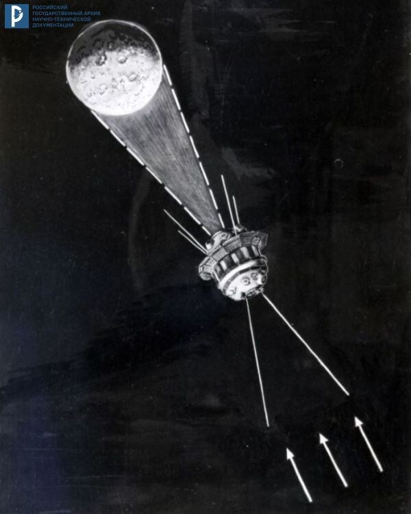 Рисунок, показывающий положение автоматической межпланетной станции «Луна-3» в пространстве при фотографировании обратной стороны Луны (стрелки справа – направление лучей Солнца). Октябрь 1959 г. РГАНТД. Арх. № 1-19591