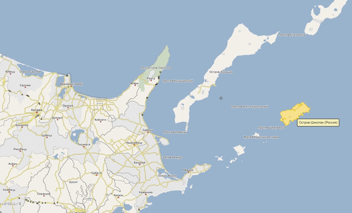 Расположение острова Шикотан из Викимапии