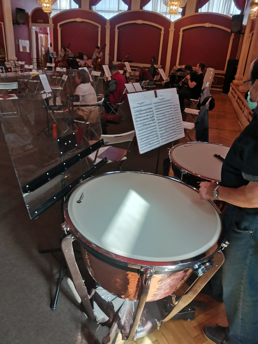 Вот наши оркестровые литавры. Играть на них можно разными способами, включая удары палочками, щетками, кистями рук и, говорят, даже ногами. Техника игры зависит от музыкального стиля и желаемого звучания. Фото автора.