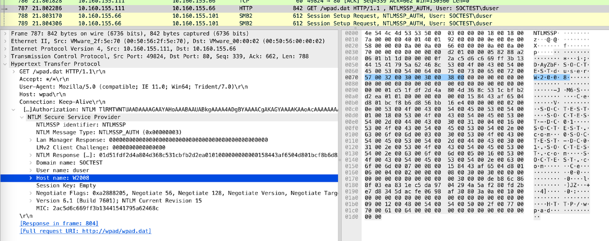 Пакет 787: .111 (W2008) идет на .66 по HTTP за /wpad.dat с аутентификацией NTLM