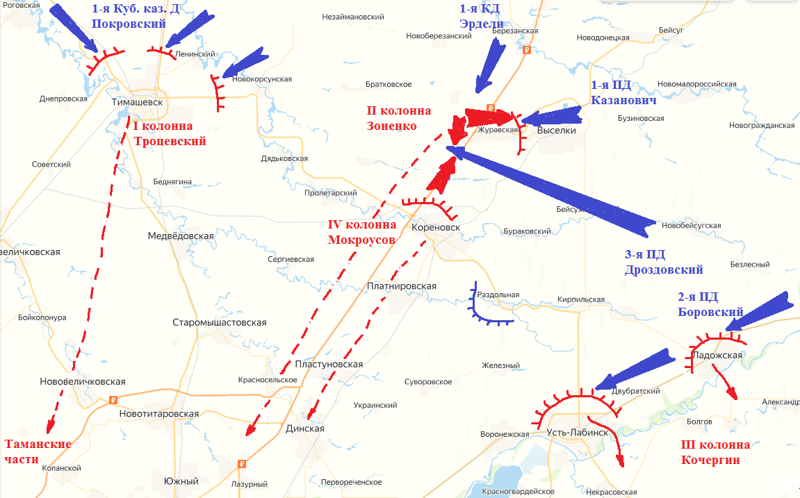 Схема боя под Кореновской 06-07.08.1918г.