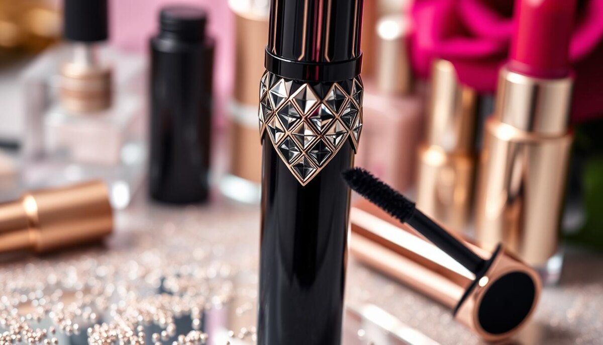 Крупный план роскошного тюбика туши с дизайном, похожим на бриллиант, окруженного мерцающими частицами, представляющими блеск, на мягком фоне пышных, элегантных аксессуаров для макияжа. Кисточка туши элегантно выставлена ​​рядом с тюбиком, демонстрируя свой уникальный дизайн щетины, все это в гламурной и изысканной атмосфере.