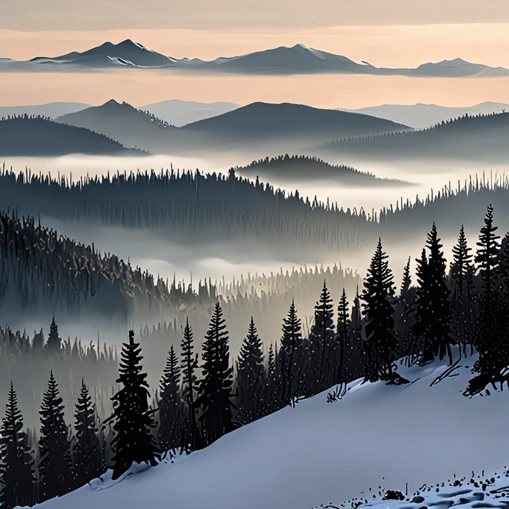 Задумчивый пейзаж с туманом, который обвивает вершины гор.