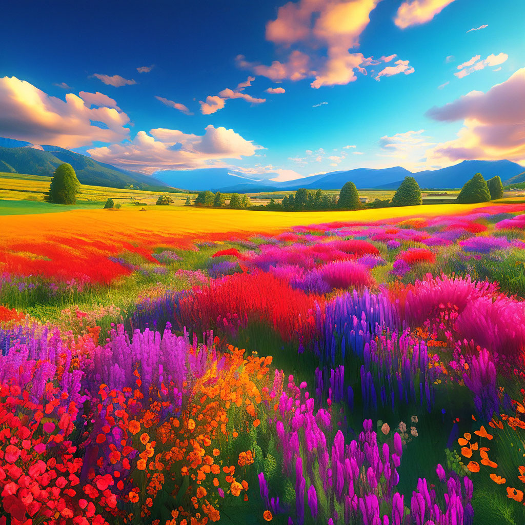 Яркие цветущие поля с множеством цветов.