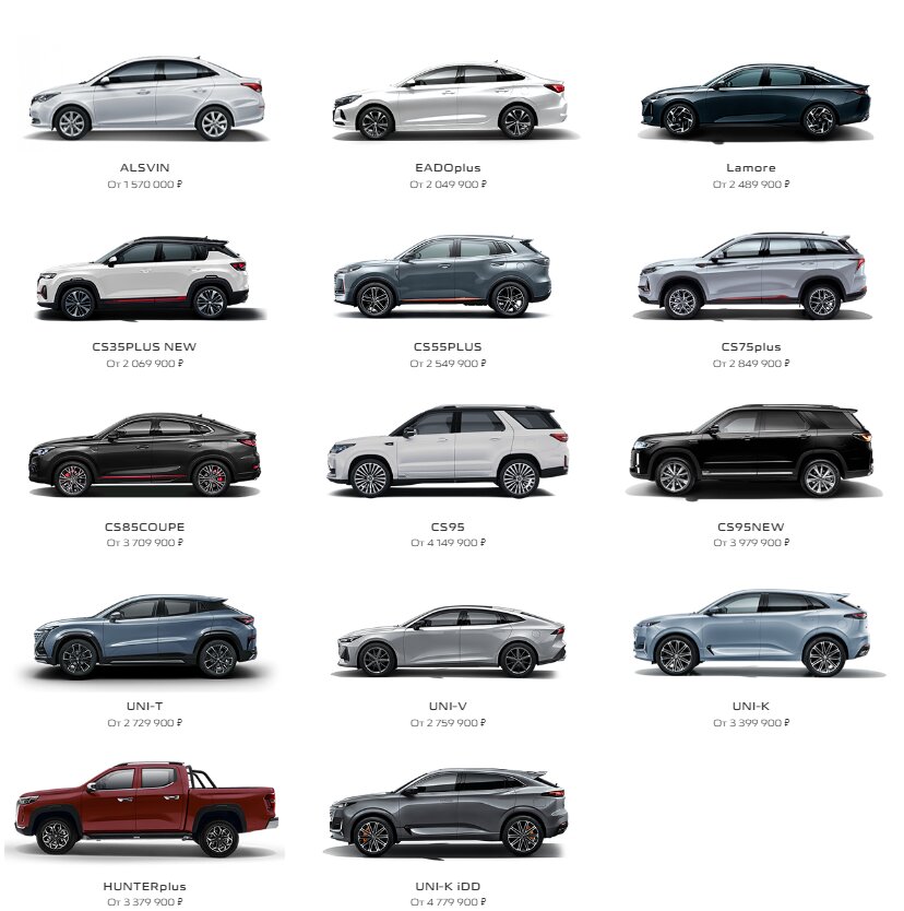 Подборка моделей авто с официального сайта Чанган в России