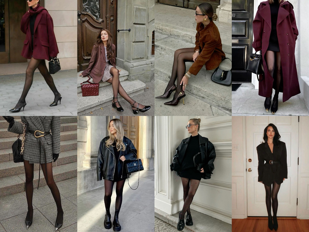 Образы с тонкими черными колготками.