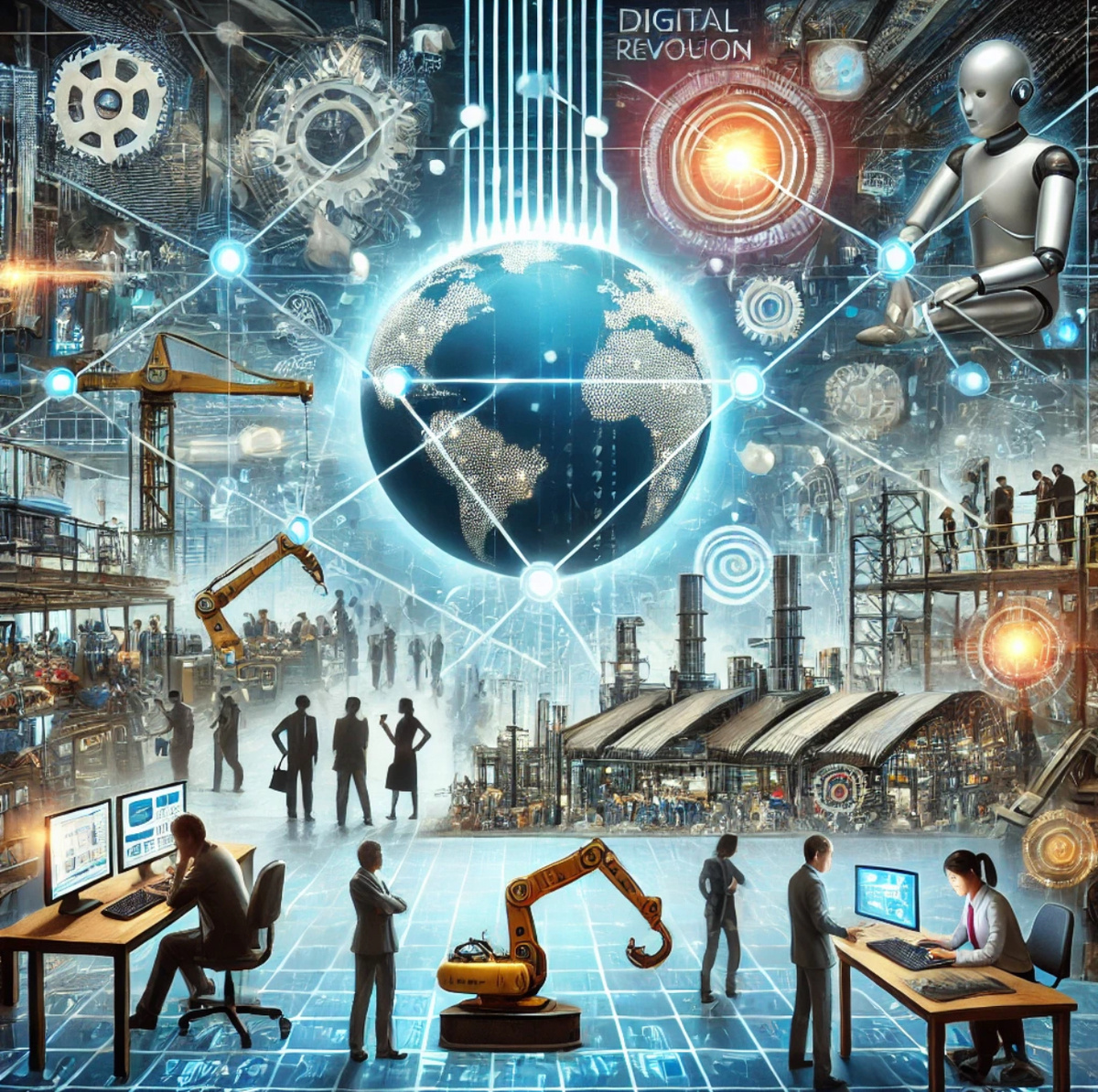 Влияние на рынки труда: Футуристический офис с рабочими, использующими передовые технологии, и производство в развивающихся странах, символизирующее перемены на рынке труда.