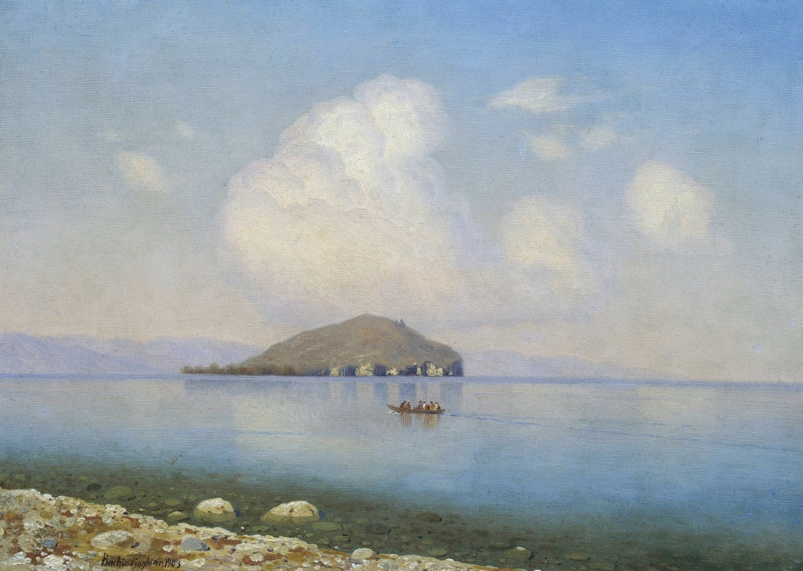 "Озеро Севан в летний день", 1903 Холст, масло. 58 x 80 см. Государственная Третьяковская галерея, Москва. Башинджагян Геворк Захарьевич
