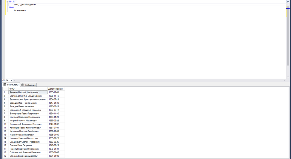 Рис. 1 - Этот запрос позволяет вывести ФИО и дату рождения всех академиков