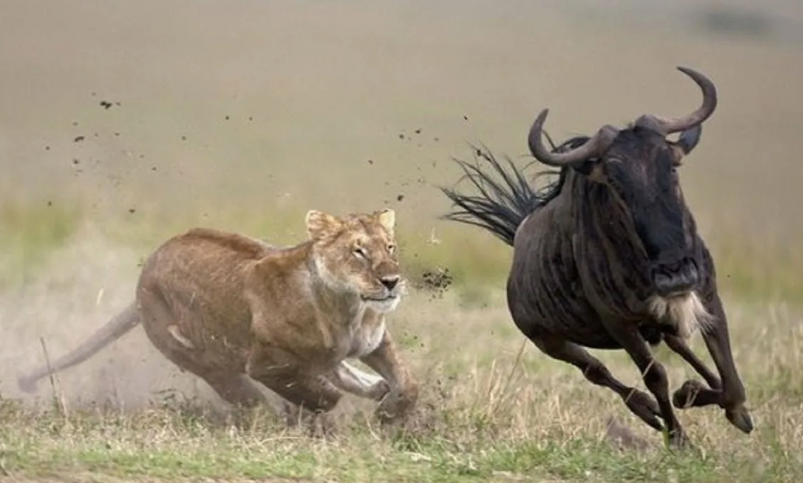 Львица в погоне за Антилопой Гну