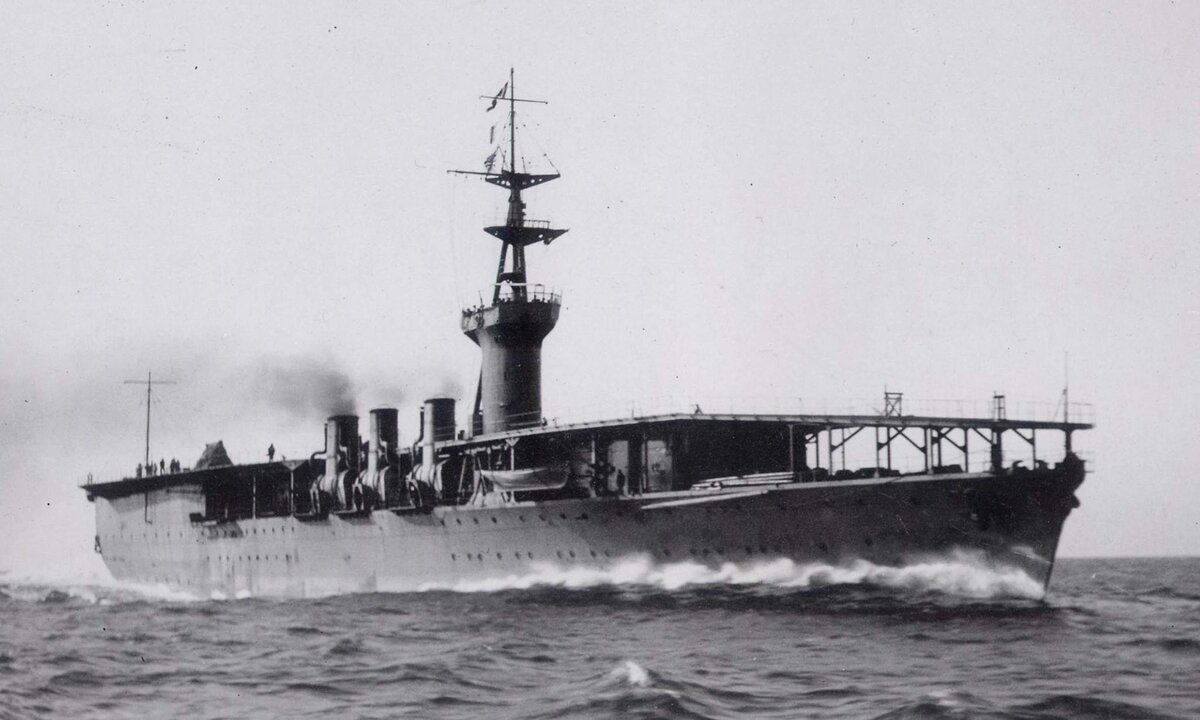 Imperial Japanese Navy aircraft carrier Hōshō conducts initial full power trials in Tateyama Bay, Japan. 1922 
Kure Maritime Museum, Japanese Naval Warship Photo Album: Aircraft carrier and Seaplane carrier, Supervisory editor: Kazushige Todaka, p. 11.
Public domain