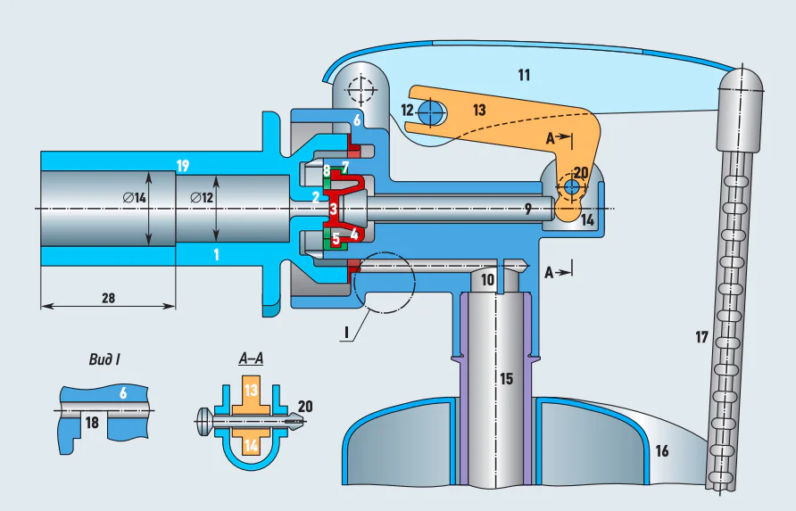 Рис. 1. Конструктивная схема наполнительной арматуры противодавления боковой подводки (1 — штуцер с соплом 2; 3 — уплотнительная прокладка с диафрагмой 4; 5 — опорное кольцо диафрагмы; 6 — корпус арматуры; 7 — опорная шайба; 8 — фиксирующая шайба; 9 — толкатель; 10 — экран-отражатель; 11 — основной рычаг с поперечным стержнем 12; 13 — вспомогательный рычаг с малым плечом 14; 15 — сливная трубка; 16 — новый поплавок; 17 — тяга; 18 — экспериментальное прямоугольное отверстие для нештатного слива воды; 19 — уступ, необходимый для фиксации глубины погружения фильтра грубой очистки; 20 — ось поворота вспомогательного рычага 13) 