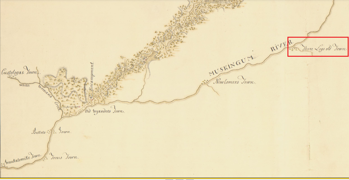 Город Трех Ног на карте маршрута экспедиции Генри Буке в 1764 году
