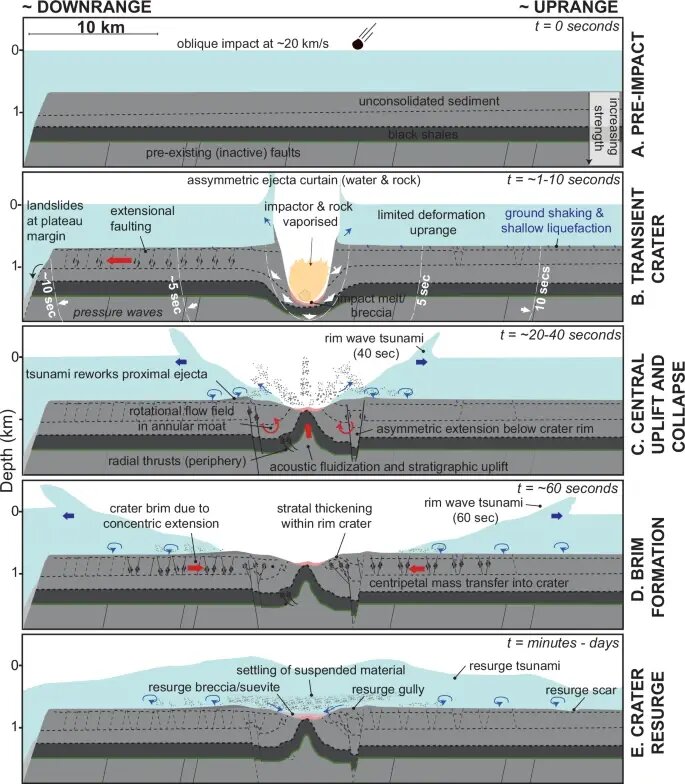 После первоначального удара и образования переходного кратера (A, B) стадия модификации кратера разделяется на первоначальное стратиграфическое поднятие и обрушение обода и кольцевого рва (C), за которым следует концентрическое течение внутрь и формирование ободка (D). Поверхность кратера продолжает изменяться под воздействием всплывающих вод и последующего оседания взвеси (E). Некоторые элементы схематичны и не могут быть точно представлены на двухмерном разрезе, и между этими стадиями может быть некоторое перекрытие или синхронность. Автор: Nicholson, U., Powell, W., Gulick, S. et al. 3D anatomy of the Cretaceous-Paleogene age Nadir Crater. Commun Earth Environ 5, 547 (2024). https://doi.org/10.1038/s43247-024-01700-4 CC-BY 4.0 Источник: www.nature.com