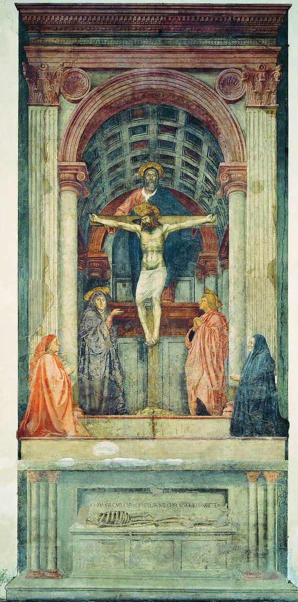 Мазаччо — один из первых, кто использовал линейную перспективу в своих фресках. Его работа "Святая Троица" (около 1427 года) — пример того, как пространства могут "уходить" в глубину, создавая иллюзию архитектурной арки, которая как будто продлевает реальное пространство храма.