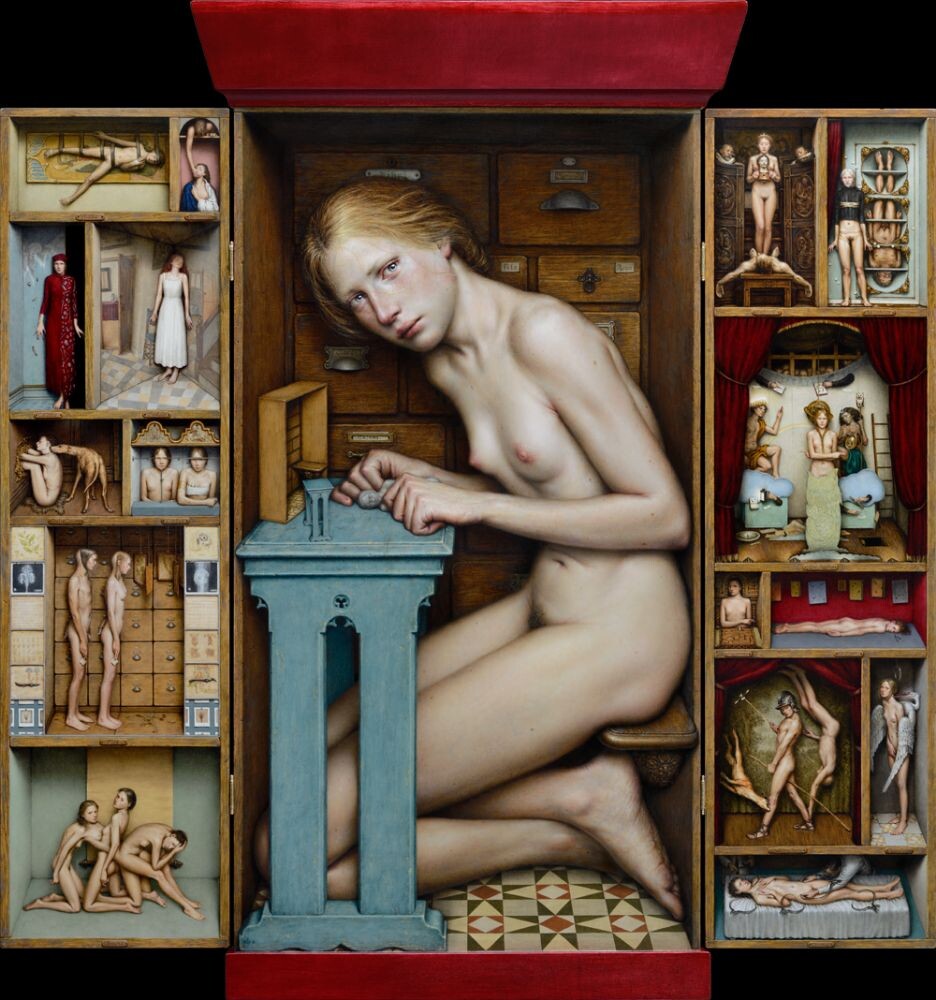 артина художника ДИНО ВАЛЛСА / Dino Valls под названием "ДИОРАМА Масло и сусальное золото / Триптих: 105 х 100 см. 2016 год