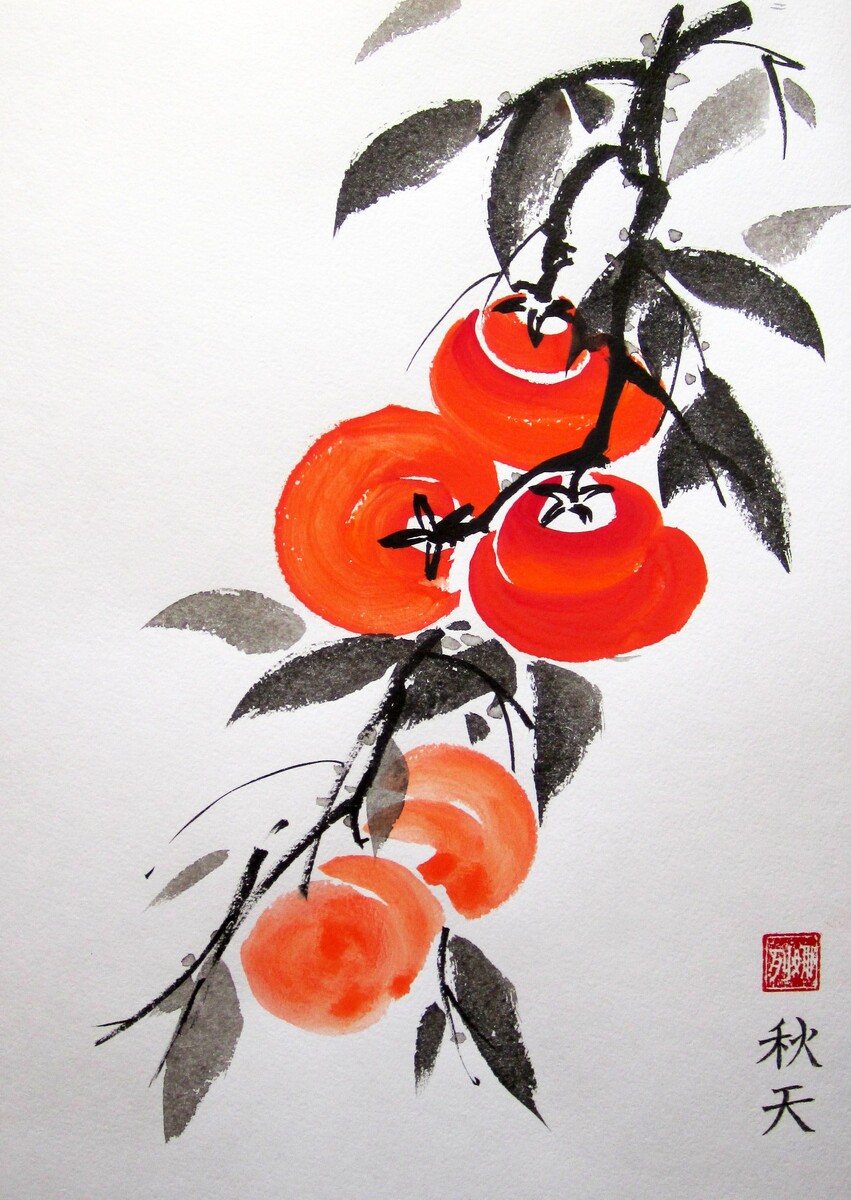 На китайских картинах хурму часто изображают состоящей из двух ярко-оранжевых половинок на фоне темных листьев и веток дерева, нарисованных черной тушью разной степени насыщенности  