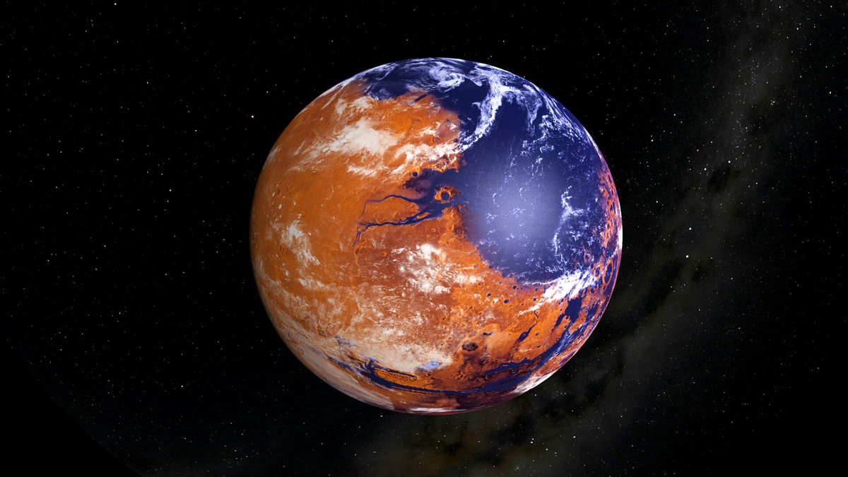 Иллюстрация раннего Марса с жидкой водой на его поверхности.    
 Источник: NASA / MAVEN / The Lunar and Planetary Institute  📷
