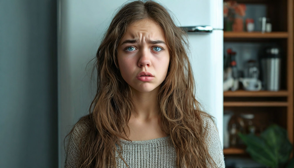 Девушка стоит у холодильника. 