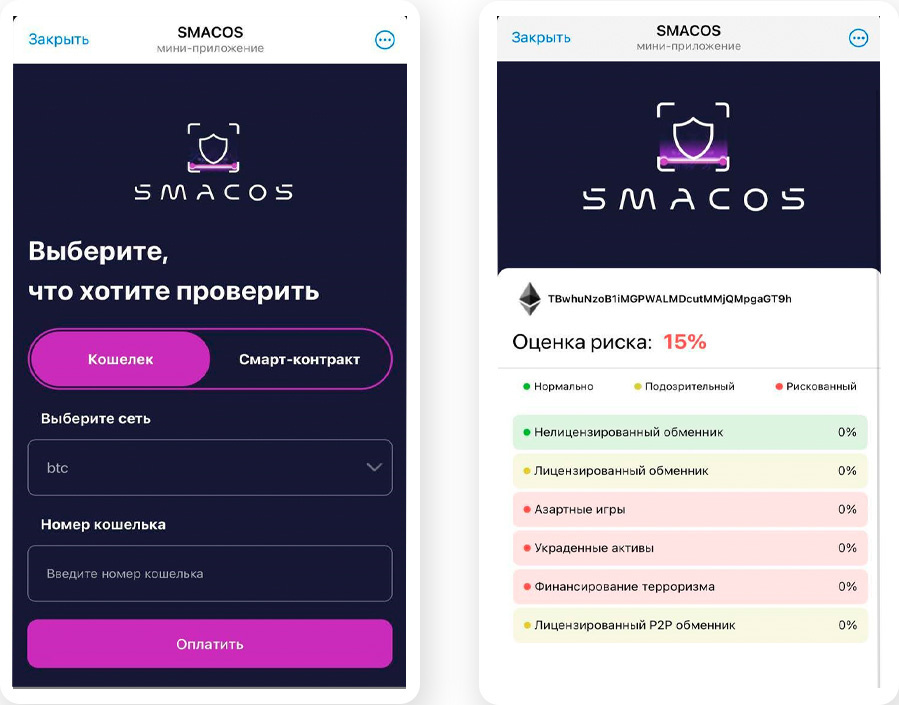 После регистрации в Телеграм-боте SMACOS доступна оценка риска кошелька