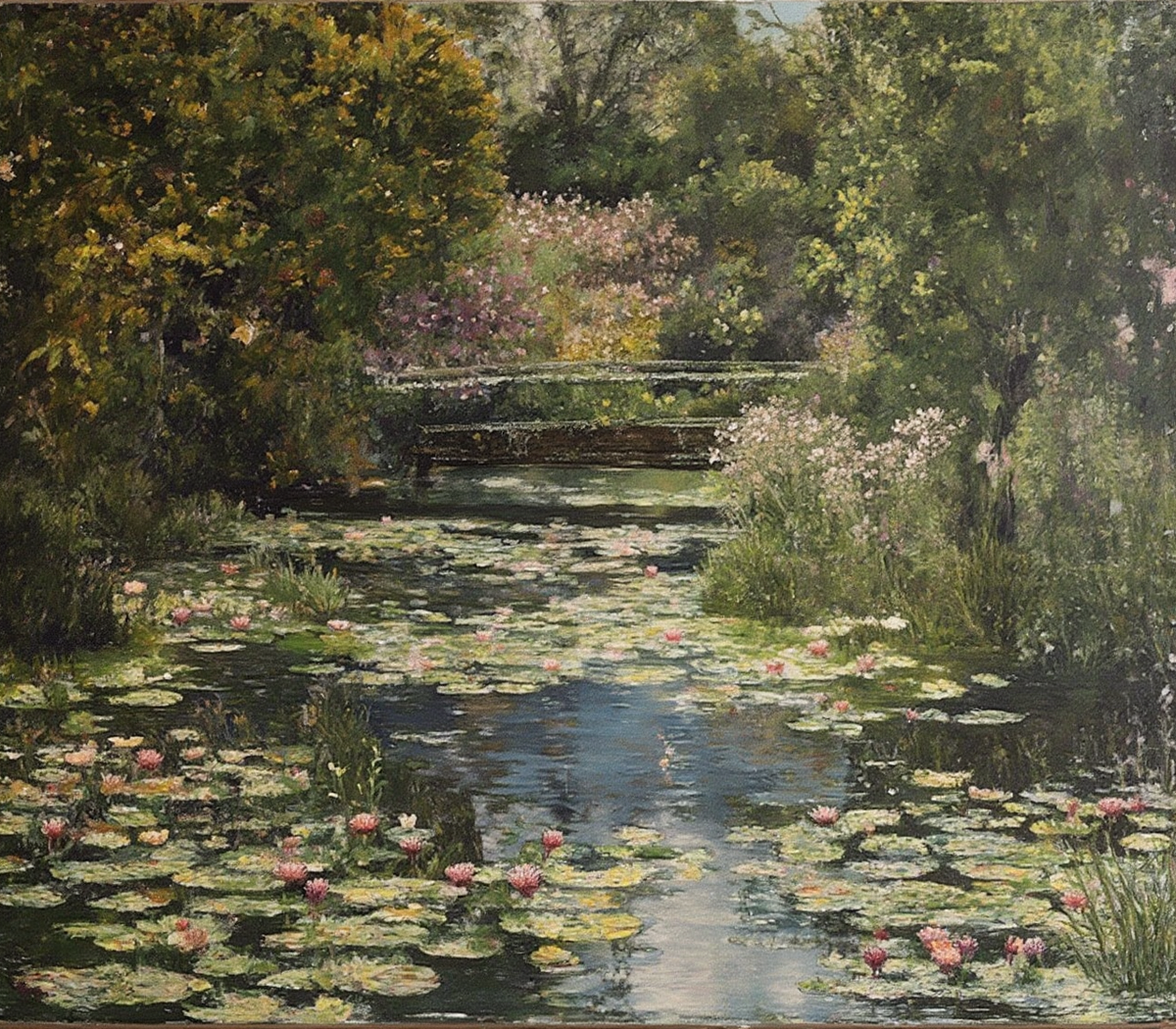 Вариант 2. 

Может быть это настоящая картина «Water Lily Pond» великого Claude Monet?
Или это изображение было сгенерировано нейросетью?
