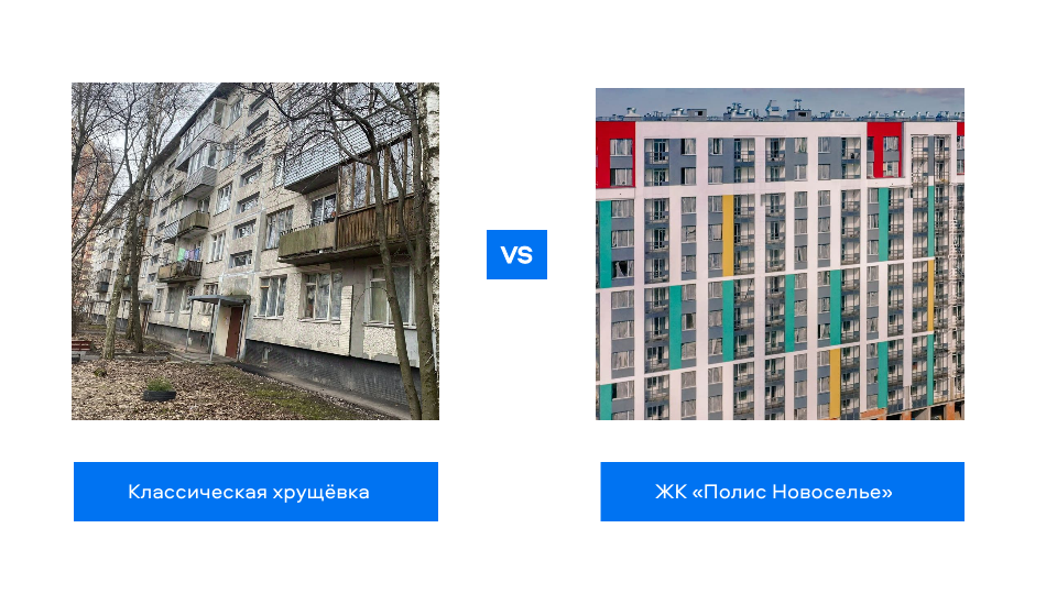 Реальные фасады домов: типичная пятиэтажная панелька и новый кирпично-монолитный дом.