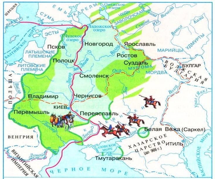 Карта торгового пути "Из Варяг в Греки" с основными городами на маршруте