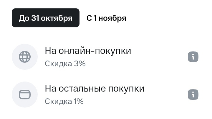 Скриншот автора канала "Умный крот" из мобильного приложения "МТС Банк". Скидки по категориям.