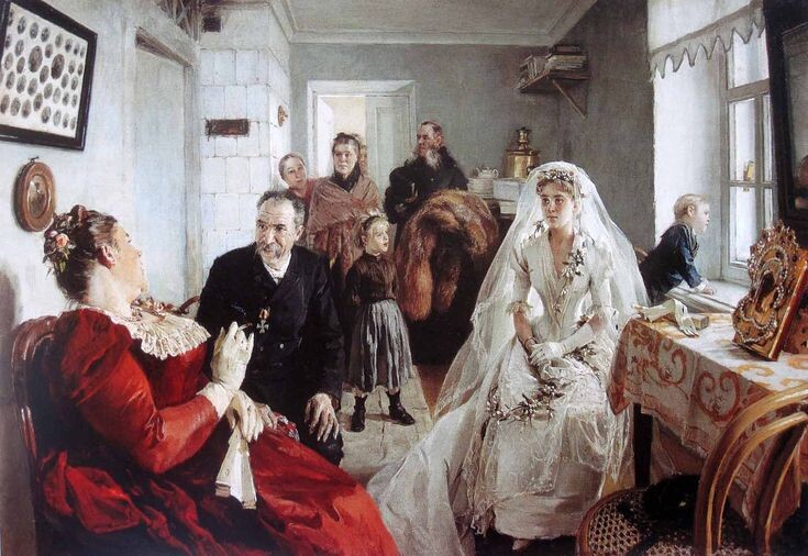 Картина Иллариона Михайловича Прянишникова "В ожидании шафера", 1891 год
