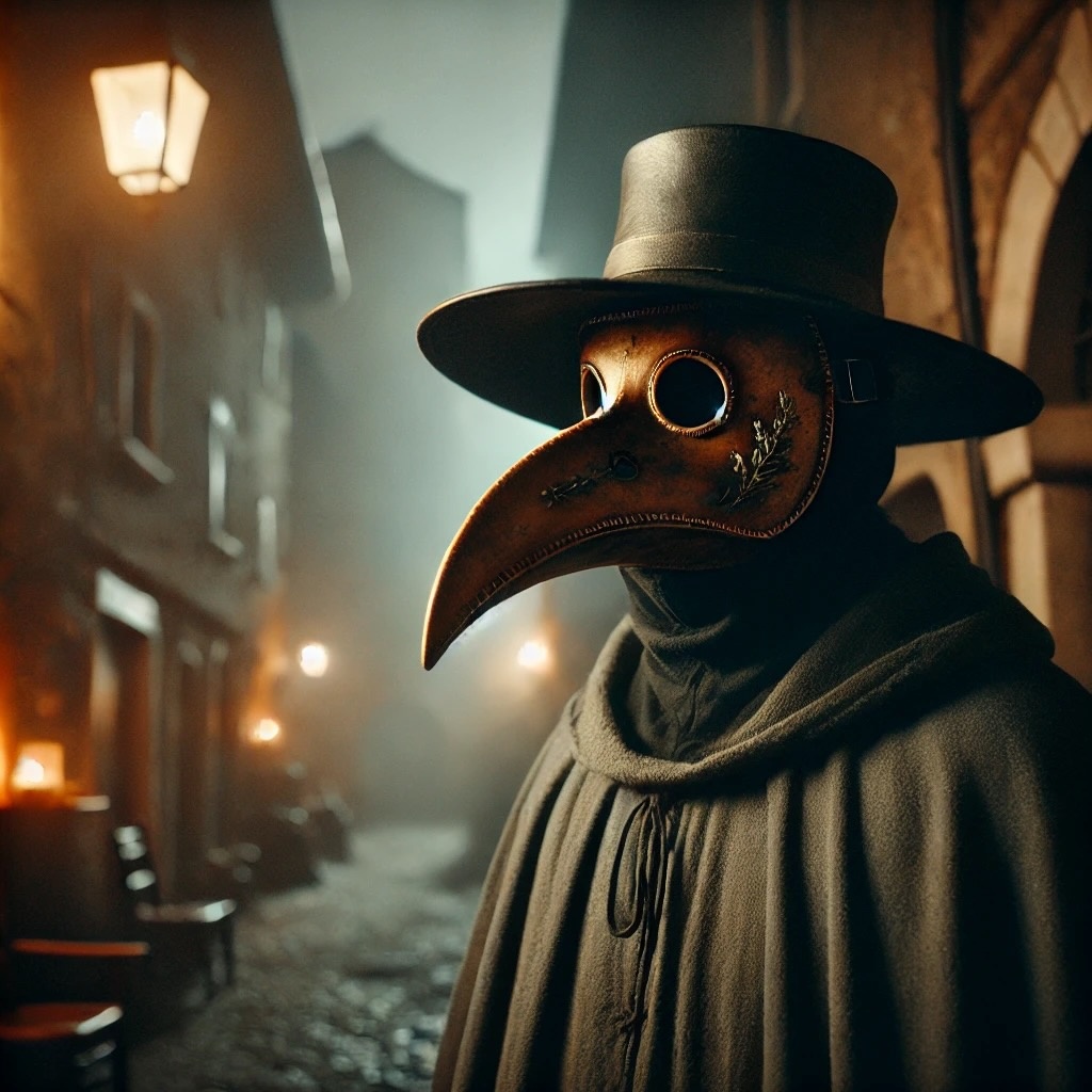 Чумной доктор на темной средневековой улице во время эпидемии, в мрачной и таинственной атмосфере.
